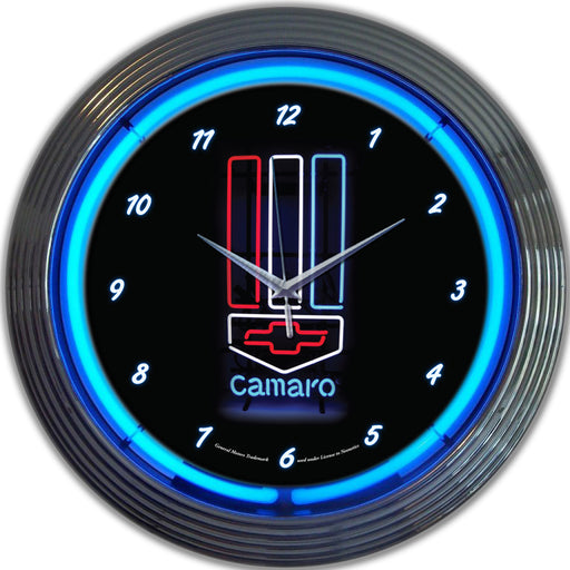 Chevrolet Camaro Black & Chrome Hanging Wall Clock - Bowtie & Blue Neon Lights