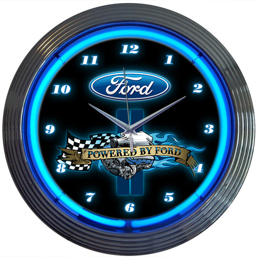 Powered By Ford Neon Wall Clock Chrome Trim w/ Blue Illumination