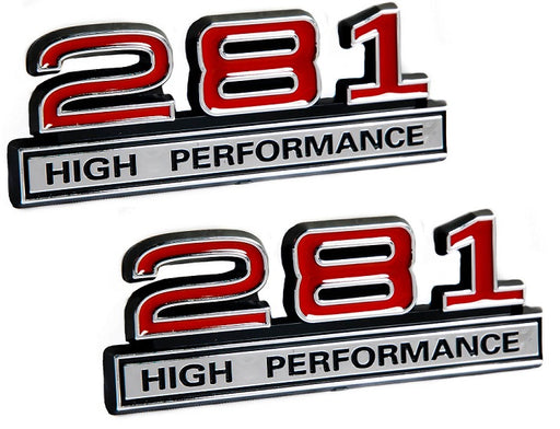 281 4.6 Liter High Performance Engine Emblems in Red & Chrome - 4" Long Pair