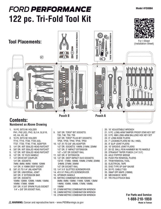 Ford Performance OEM 122pc Maintenance Repair Tool Kit w/ Tri-Fold Storage Case