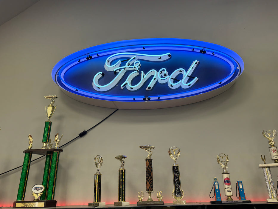 Ford Oval Light Up Neon Garage Wall Sign in Steel Can Housing 60"x23"x6"