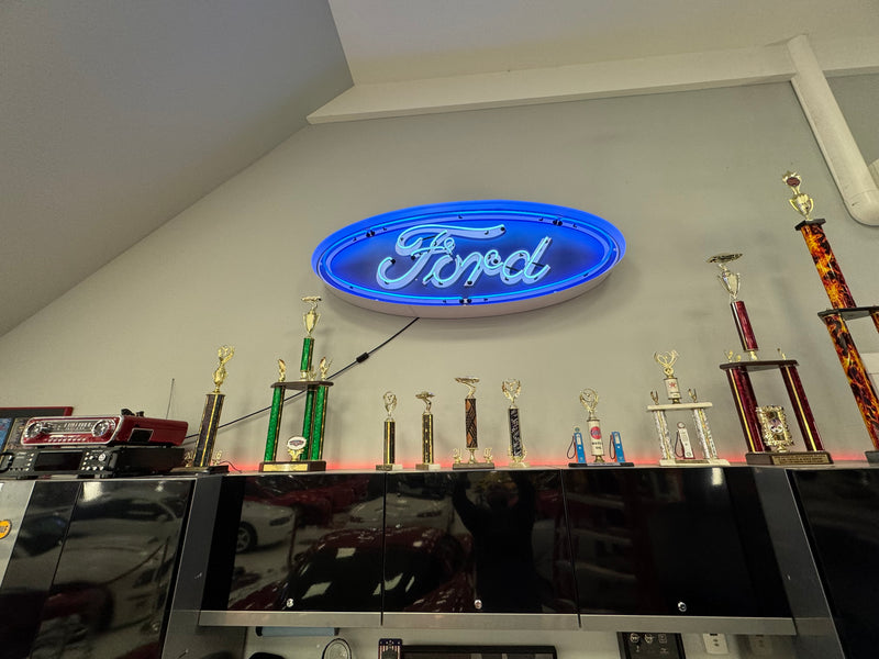 Ford Oval Light Up Neon Garage Wall Sign in Steel Can Housing 60"x23"x6"