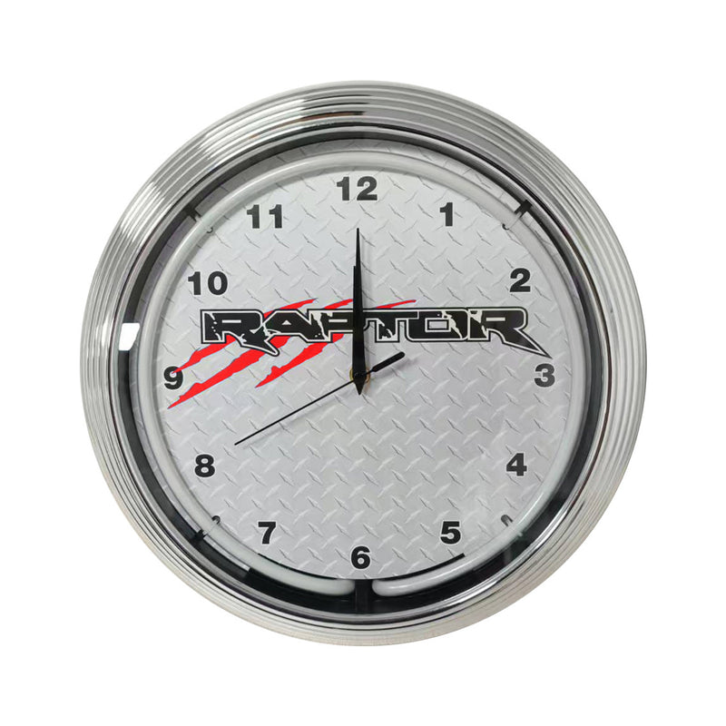 Ford Raptor Red Light Up Neon Garage Man Cave Wall Clock w/ Chrome Trim