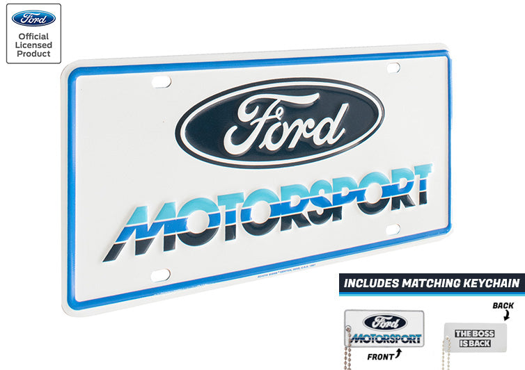 Ford Motorsport Early 1980s Style Logo Blue 3 Color Metal License Plate Insert & Keychain