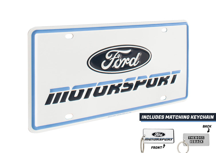 Ford Motorsport Late 1980s Style Logo Blue 2 Color Metal License Plate Insert & Keychain