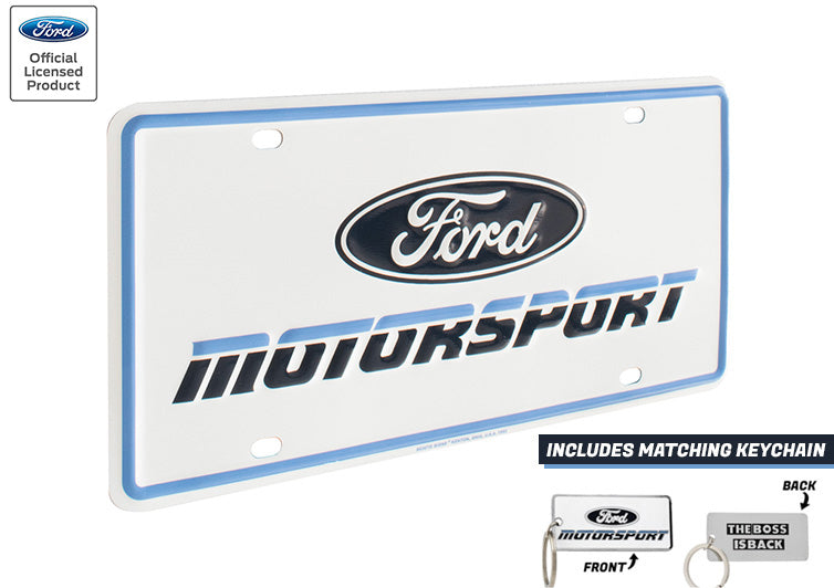 Ford Motorsport Late 1980s Style Logo Blue 2 Color Metal License Plate Insert & Keychain