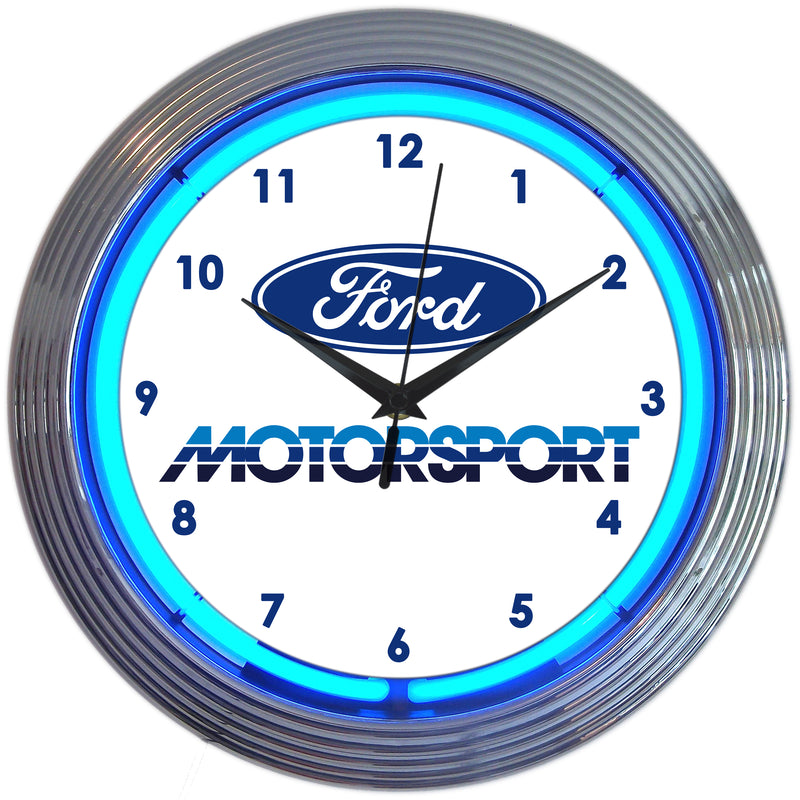 Ford Motorsport Early 80s Vintage Logo Garage Man Cave Wall Clock Chrome Trim w/ Blue Neon Light