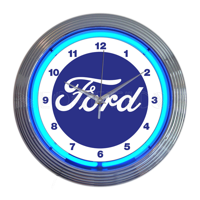 Ford Script Logo Garage Man Cave Wall Clock Chrome Trim w/ Blue Neon Light