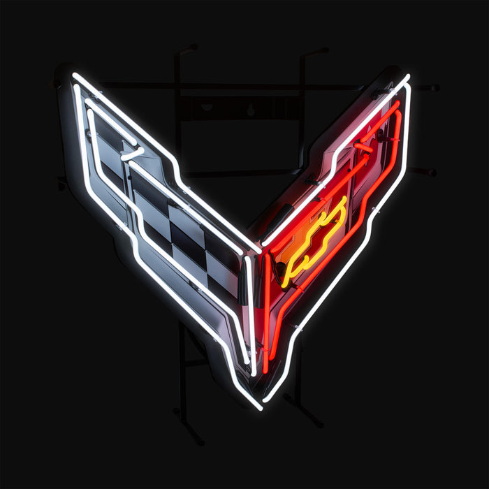 Corvette C8 Stingray Crossed Flags Neon Red White & Yellow Light Up Garage Wall Sign 24" x 24"