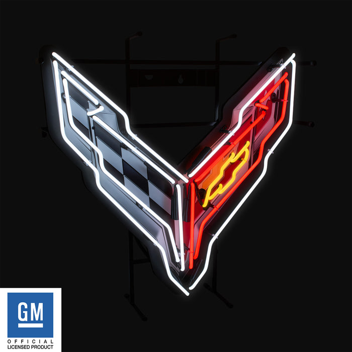 Corvette C8 Stingray Crossed Flags Neon Red White & Yellow Light Up Garage Wall Sign 24" x 24"