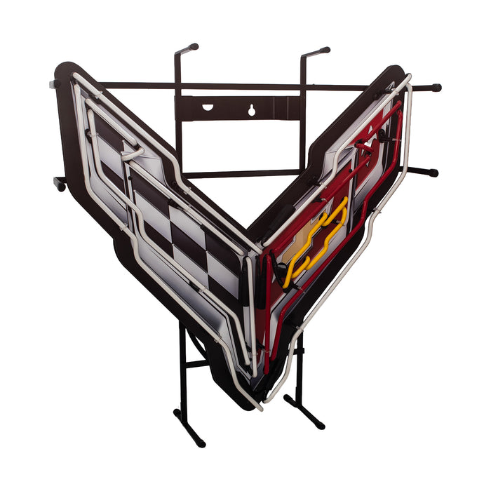 Corvette C8 Stingray Crossed Flags Neon Red White & Yellow Light Up Garage Wall Sign 24" x 24"