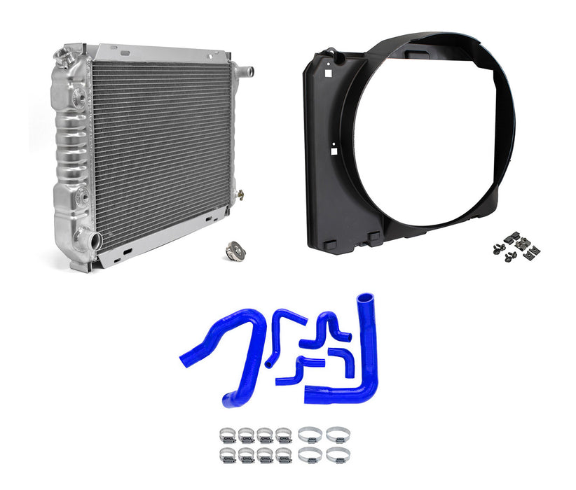 1986-1993 Mustang 5.0L 2-Row 24" Aluminum Radiator w/ Fan Shroud & Blue Hoses