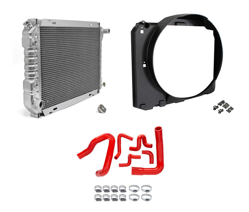1986-1993 Mustang 5.0L 2-Row 24" Aluminum Radiator w/ Fan Shroud & Red Hoses