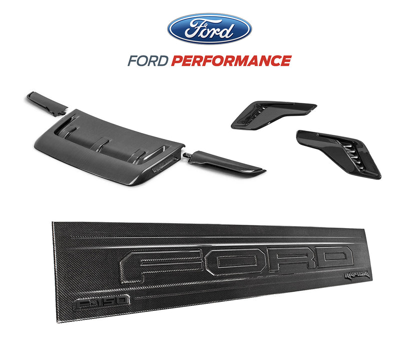 2021-2024 Ford F-150 Raptor OEM Real Carbon Fiber Rear Tailgate, Hood Vent & Fender Side Vents - Gloss Finish