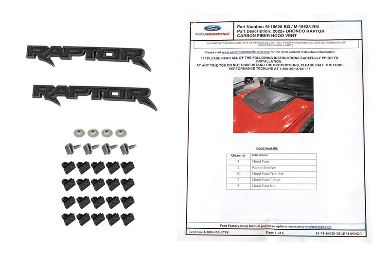 2022-2026 Ford Bronco Raptor OEM M-16628-BG Carbon Fiber Hood Vent Gloss Finish
