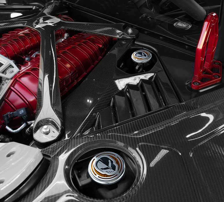 2020-2026 Corvette C8 4pc Stainless Engine Cap Cover Set w/ Yellow Carbon Fiber Style Inserts