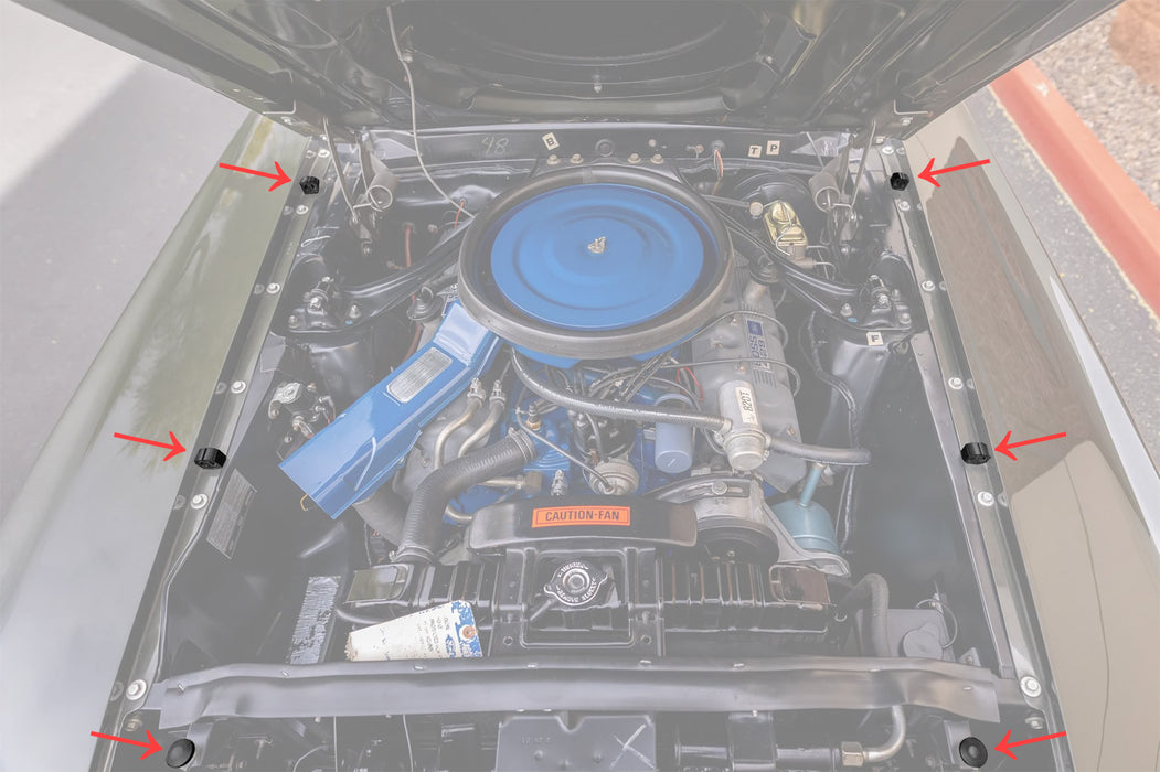 1969-1970 Ford Mustang Adjustable Radiator Support Bumpers & Hood to Fender Rubber Bumpers - 6pc Kit