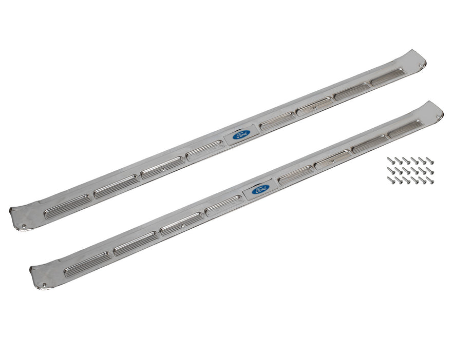 1968 Mustang Coupe Bottom Door Sill Step Plates w/ Emblems & Screws Pair LH RH