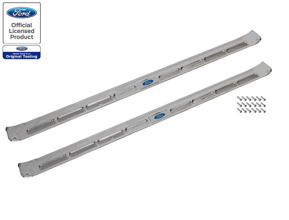 1968 Mustang Coupe Bottom Door Sill Step Plates w/ Emblems & Screws Pair LH RH