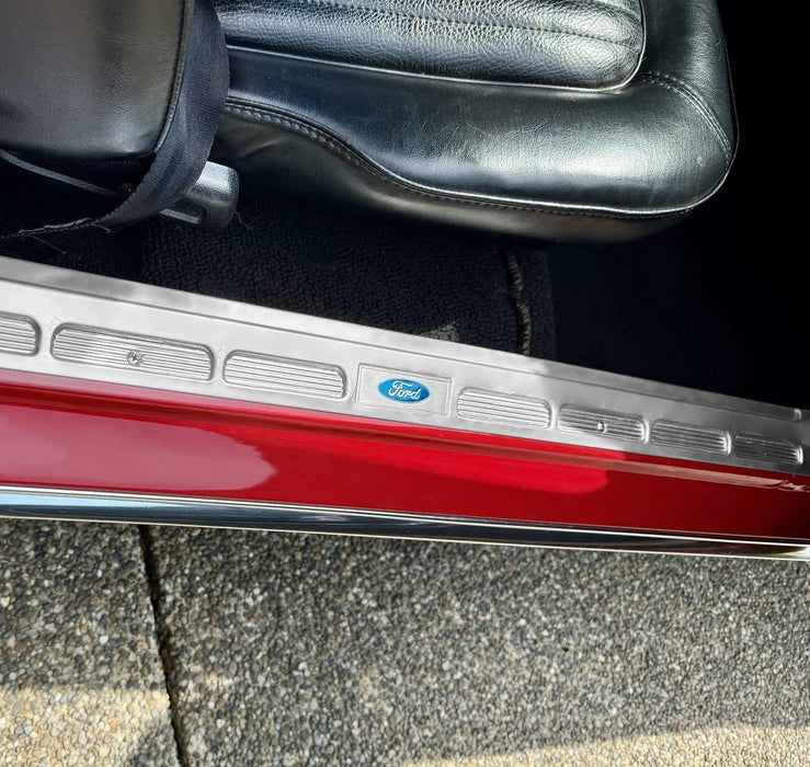 1968 Mustang Coupe Bottom Door Sill Step Plates w/ Emblems & Screws Pair LH RH