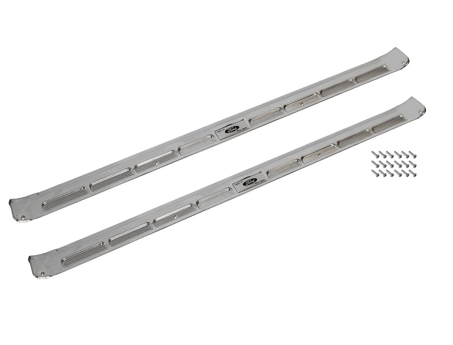 1965-1966 Ford Mustang Coupe Bottom Door Sill Step Plates w/ Emblems & Screws Pair LH RH