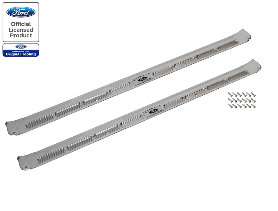 1965-1966 Ford Mustang Coupe Bottom Door Sill Step Plates w/ Emblems & Screws Pair LH RH