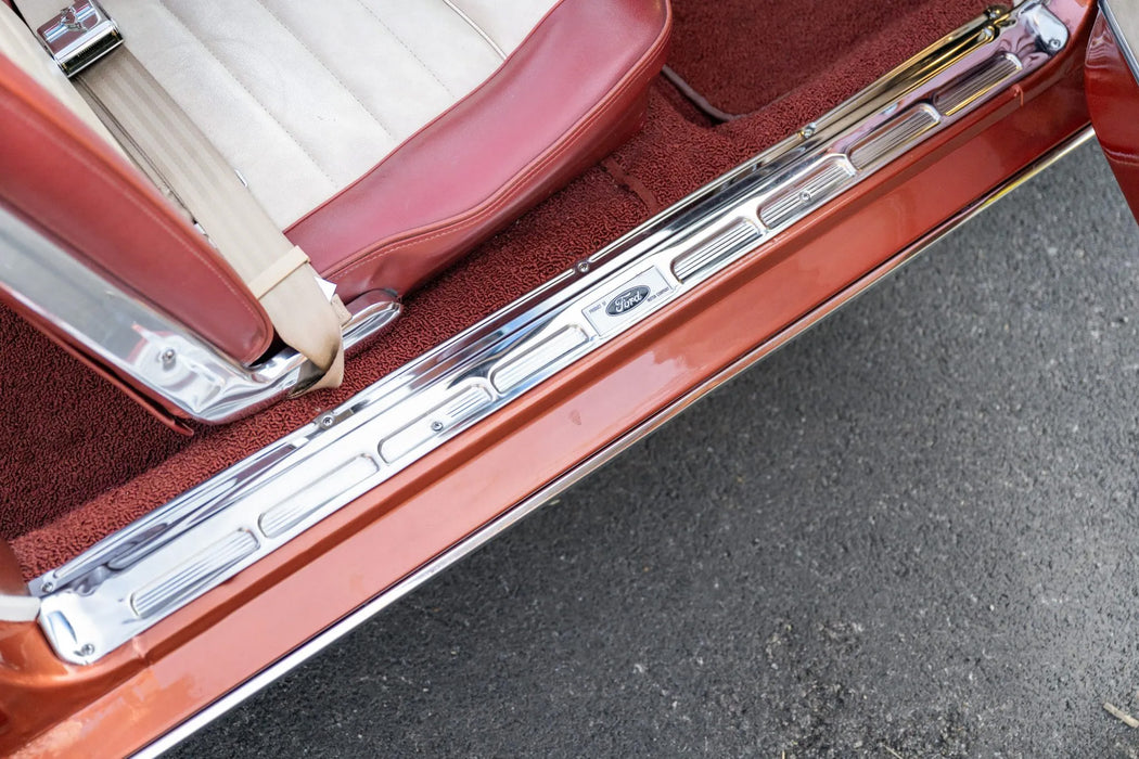 1965-1966 Ford Mustang Coupe Bottom Door Sill Step Plates w/ Emblems & Screws Pair LH RH