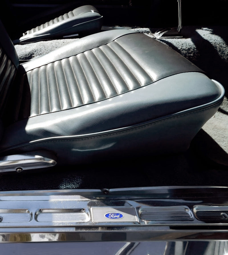 1967 Mustang "Product of Ford" Oval Logo Door Sill Scuff Plate Emblems Blue & Silver 3" x 1" Pair