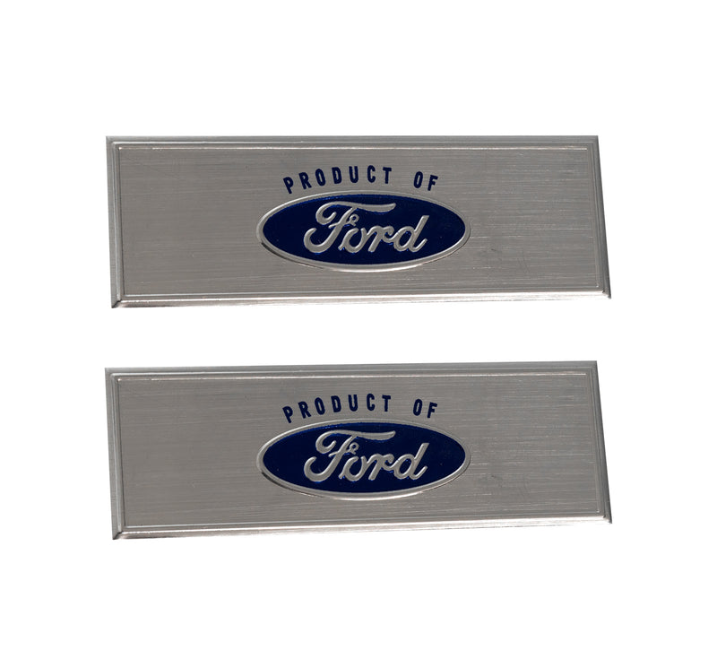 1967 Mustang "Product of Ford" Oval Logo Door Sill Scuff Plate Emblems Blue & Silver 3" x 1" Pair