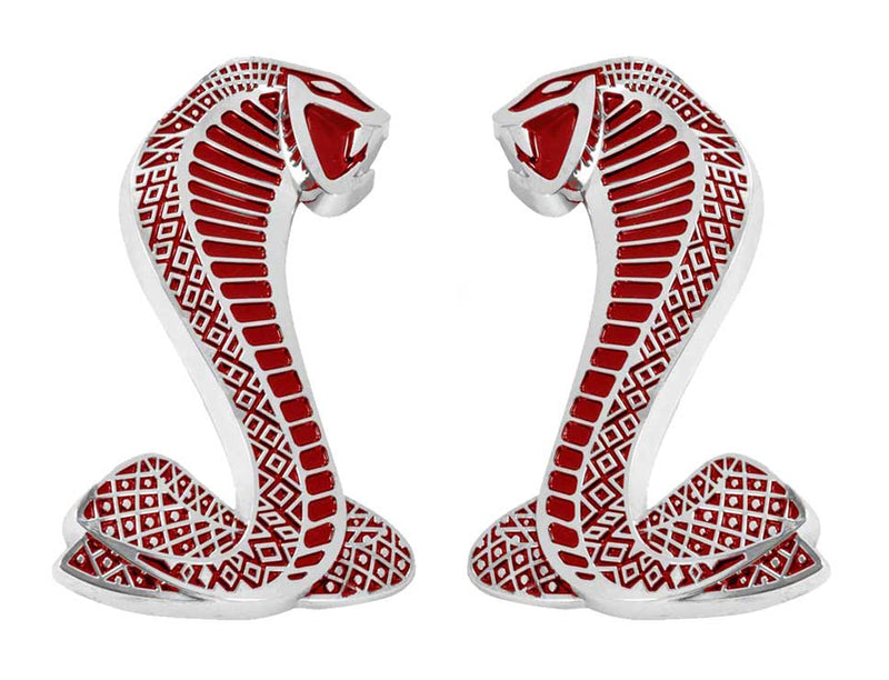 1979-2004 Ford Mustang Cobra Snake RED & Chrome Fender Emblems 2 3/4" Pair
