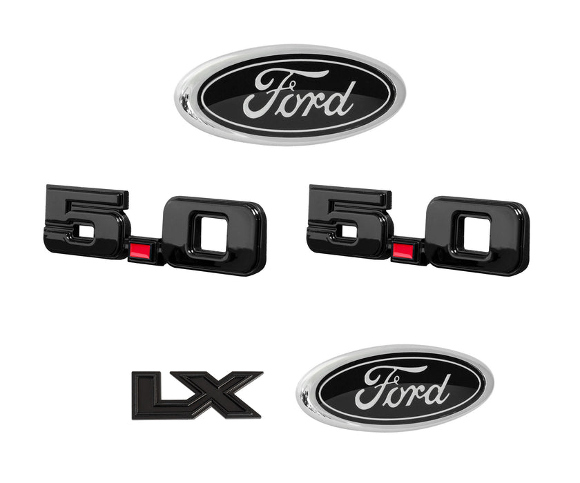 1987-1993 Ford Mustang LX 5pc Black Grille Fender Trunk Emblem Set