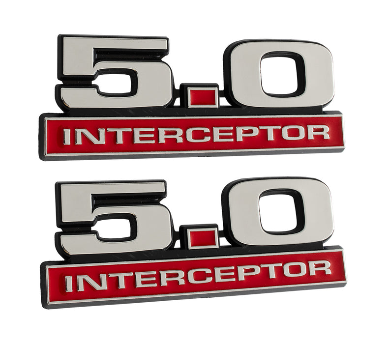 1979-1995 Ford Mustang 5" Red & Chrome 5.0 Police Interceptor Emblems Pair