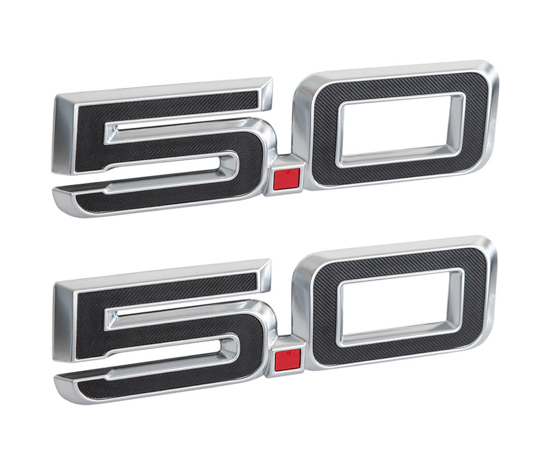 2024-2026 Mustang GT OEM PR3Z-16228-A 5.0 Silver 5.5" Fender Side Emblems Pair