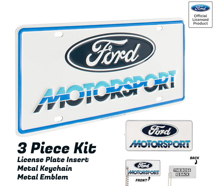 Ford Motorsport Early 1980s Style Logo Blue Metal License Plate Insert, Keychain, & Emblem