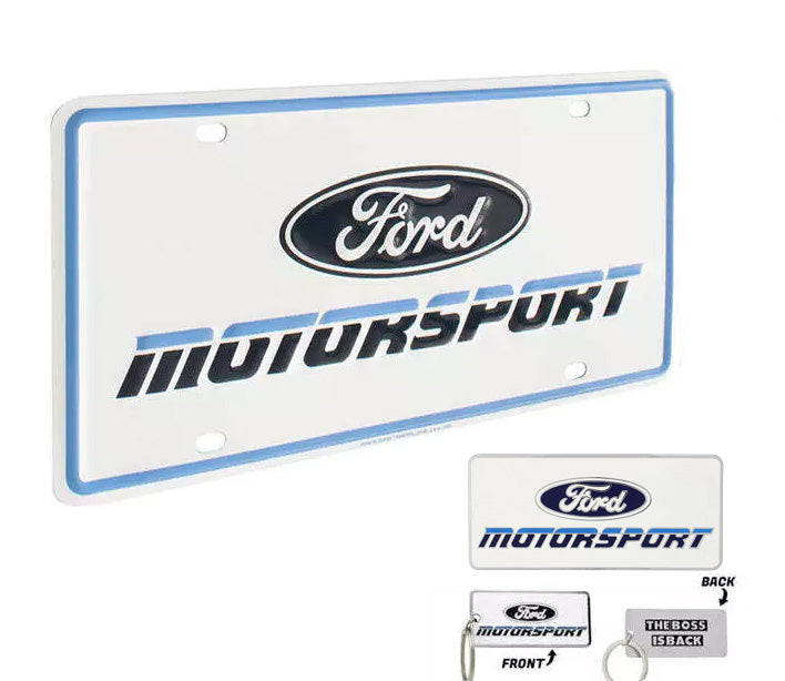 Ford Motorsport Late 1980s Style Logo Blue Metal License Plate Insert, Keychain, & Emblem