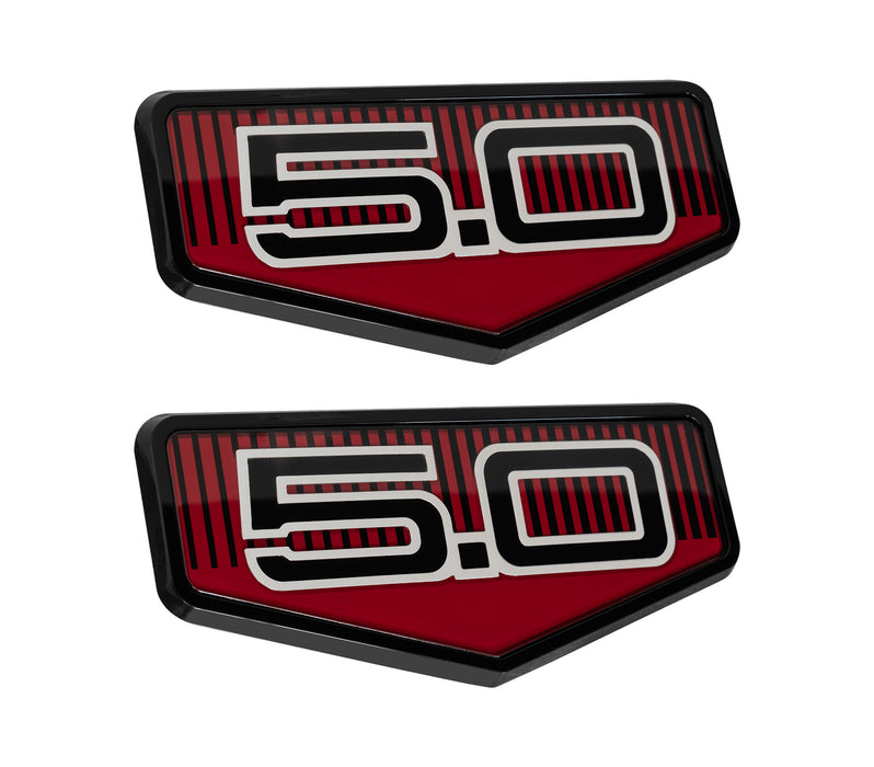 2025 Ford Mustang GT OEM SR3Z-16228-A 60th Anniversary 5.0 Fender Emblems Black & Red Pair
