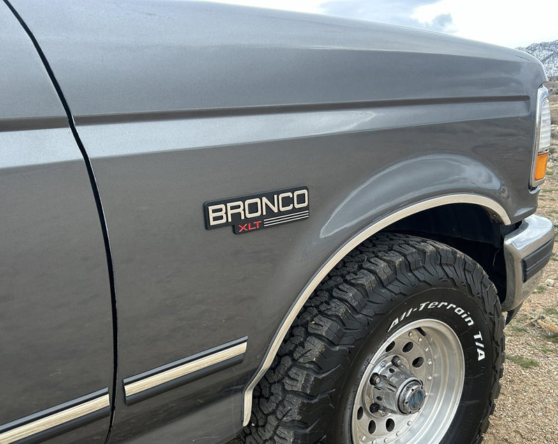 1992-1996 Ford Bronco XLT 8.5" Black Chrome & Red Fender Side Emblems Pair