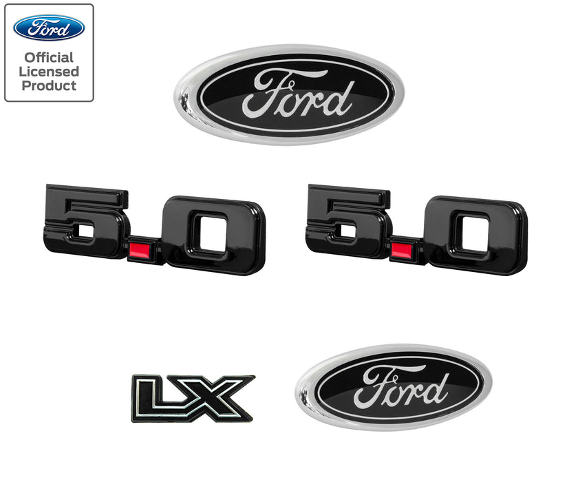 1987-1993 Ford Mustang LX 5pc Black Grille Fender Trunk Emblem Set