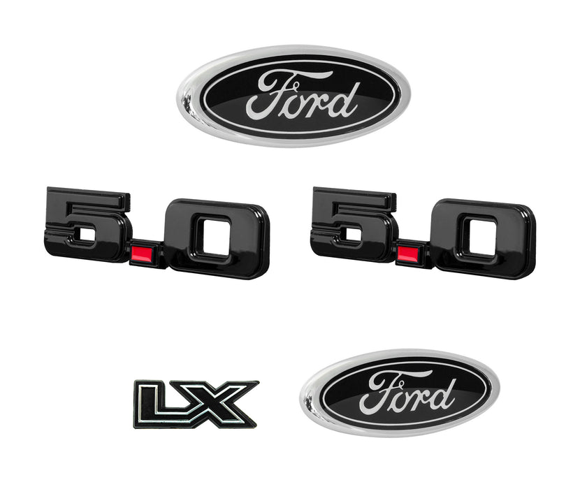 1987-1993 Ford Mustang LX 5pc Black Grille Fender Trunk Emblem Set