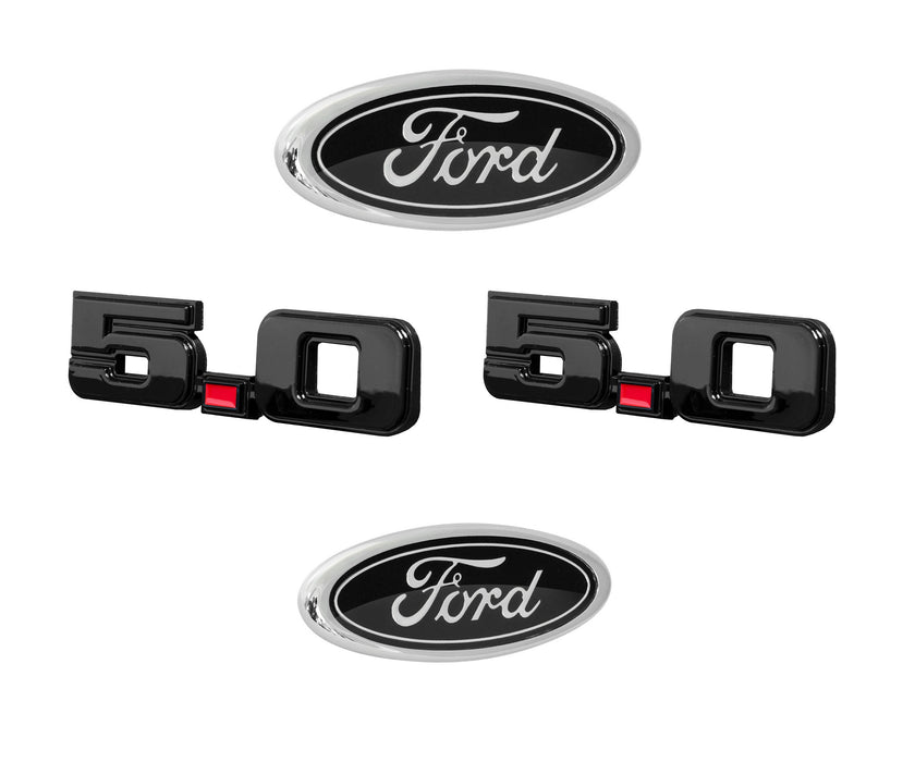 1987-1993 Ford Mustang GT 5.0 4pc Black Grille Fender Trunk Emblem Set