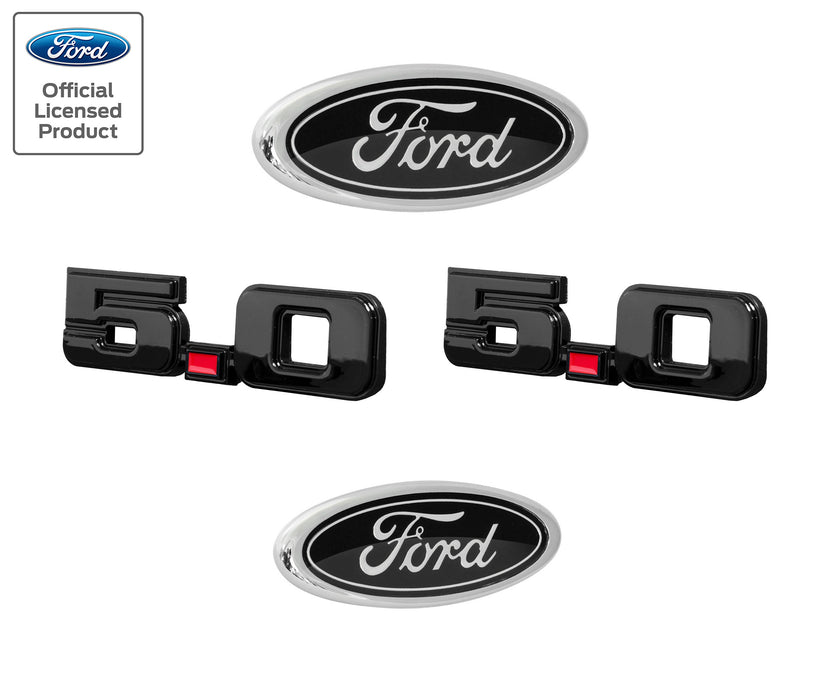 1987-1993 Ford Mustang GT 5.0 4pc Black Grille Fender Trunk Emblem Set