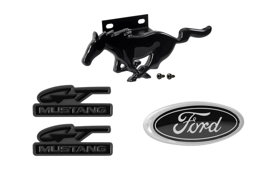 1994-1995 Mustang GT Gloss Black 4pc Front Grille Running Horse, Fender, & Trunk Emblem Set