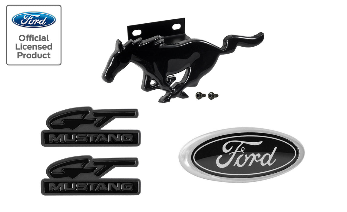 1994-1995 Mustang GT Gloss Black 4pc Front Grille Running Horse, Fender, & Trunk Emblem Set