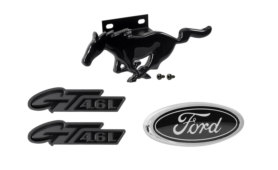 1996-1998 Mustang GT 4.6L Gloss Black 4pc Grille, Fender, and Trunk Emblem Set