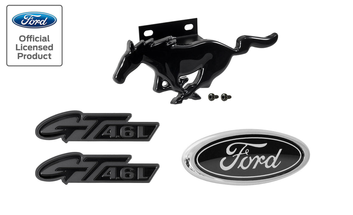 1996-1998 Mustang GT 4.6L Gloss Black 4pc Grille, Fender, and Trunk Emblem Set