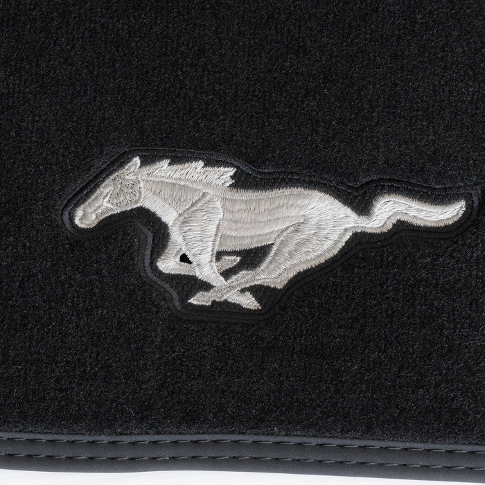 2015-2025 Mustang OEM JR3Z-6313300-BC 2pc Black Front Floor Mats w Silver Running Horse