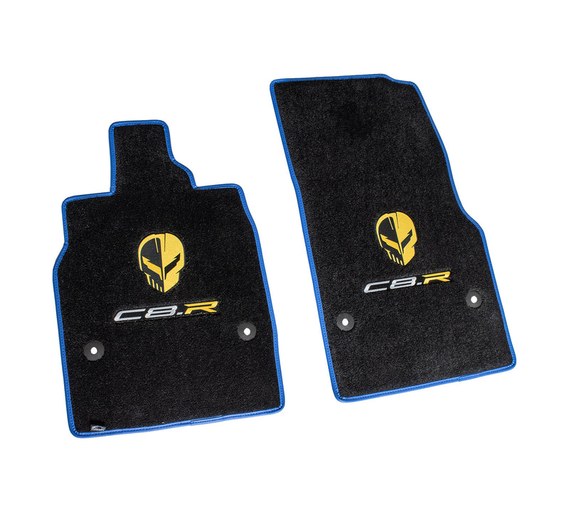 2020-2026 Chevrolet Corvette C8.R Front Floor Mats w/ Yellow Jake Skull & Blue Binding