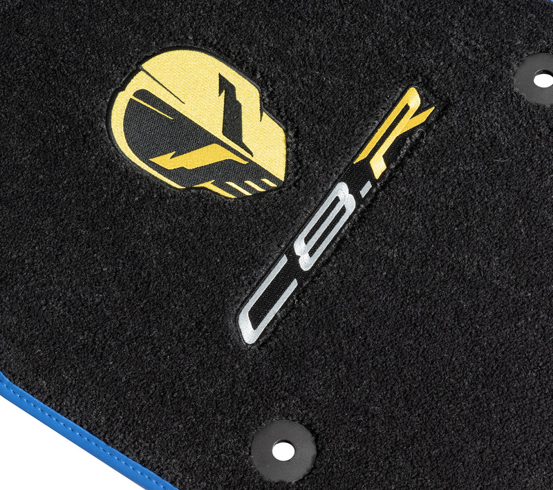 2020-2026 Chevrolet Corvette C8.R Front Floor Mats w/ Yellow Jake Skull & Blue Binding
