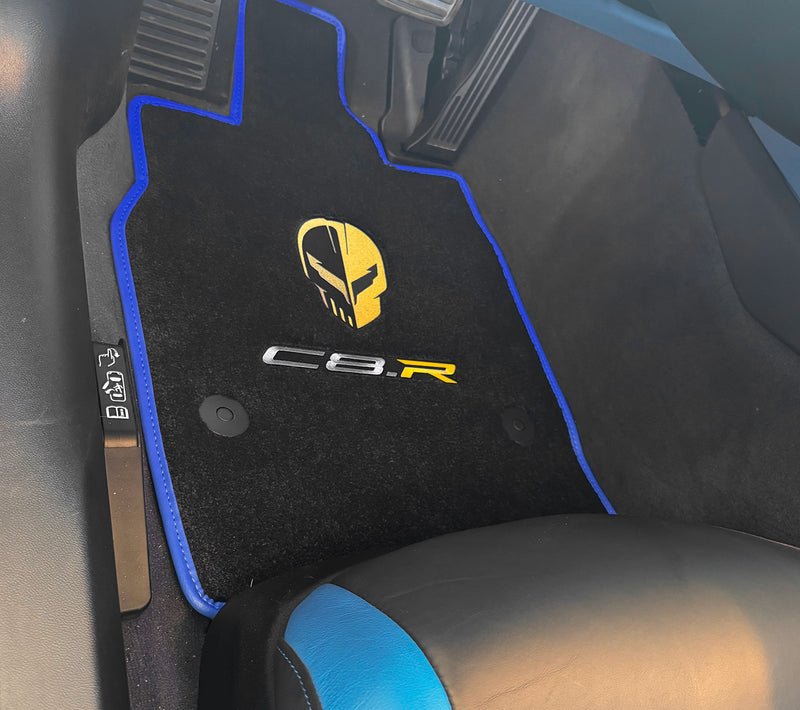 2020-2026 Chevrolet Corvette C8.R Front Floor Mats w/ Yellow Jake Skull & Blue Binding