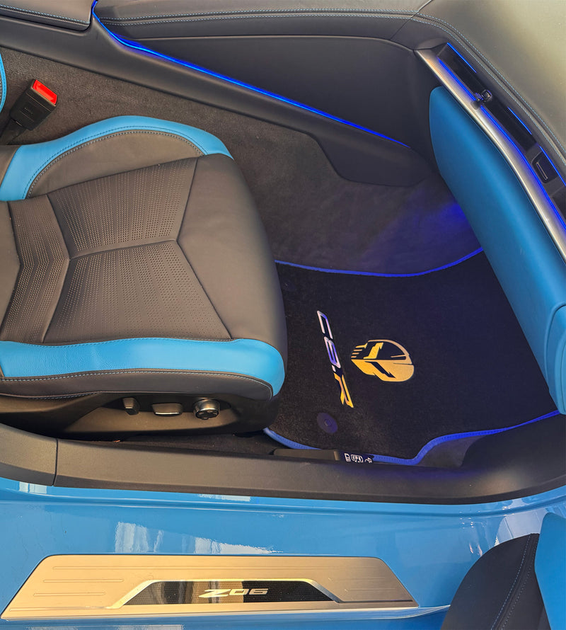 2020-2026 Chevrolet Corvette C8.R Front Floor Mats w/ Yellow Jake Skull & Blue Binding